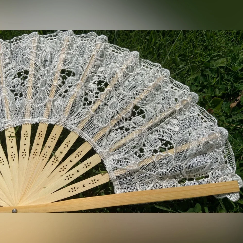 Ivory Lace Fan with Floral Design, Large Beige Lace Fan for Wedding Ceremony